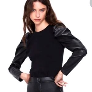 New Zara Faux Leather Effect Contrast T-Shirt